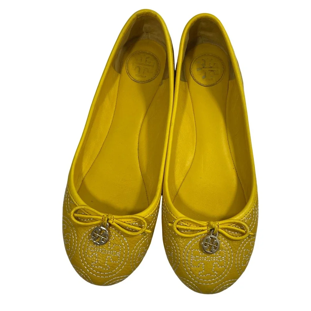 Tory‎ Burch Chelsea Stitched Ballet Flats Yellow Stitched Logo Leather 6.5M